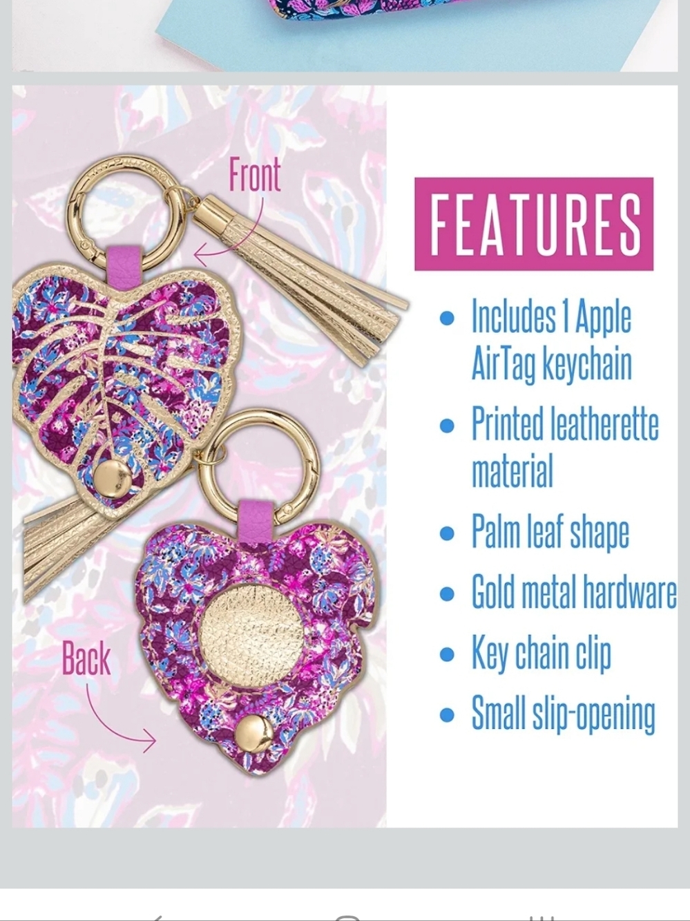 Lilly Pulitzer AirTag Holder Keychain- Leaf Shape- Amarena Cherry- Gold Tassel